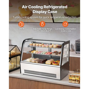 Refrigerated Display Case, 5 Cu.Ft./145L Countertop Pastry Display Case, 2-Tier Commercial Cake Refrigerator with LED Lighting, TURBO Cooling, Frost-Free Air-Cooling, for Bakery, Dessert Shop