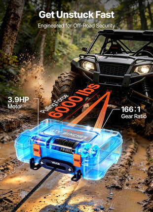 Portable Winch, 6000 lbs 12V DC Electric Winch with Synthetic Rope, Wireless & Wired Remotes, Box-Style Recovery Kit with Fairlead, Clevis Hook, Strap for ATV UTV Off-Road Outdoor Pulling Tasks
