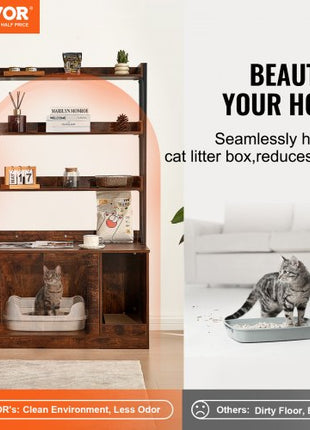 Cat Litter Box Enclosure, Hidden Litter Box Furniture with 3 Storage Shelves, Wooden Cat Washroom Indoor, Large Cat House Cabinet Hidden Fit Most Litter Box, 33.5"L x 19.3"W x 58.7"H, Dark Brown