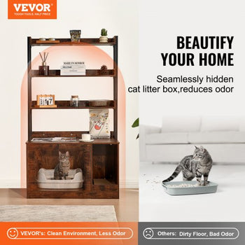 Cat Litter Box Enclosure, Hidden Litter Box Furniture with 3 Storage Shelves, Wooden Cat Washroom Indoor, Large Cat House Cabinet Hidden Fit Most Litter Box, 33.5"L x 19.3"W x 58.7"H, Dark Brown