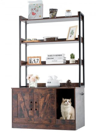 Cat Litter Box Enclosure, Hidden Litter Box Furniture with 3 Storage Shelves, Wooden Cat Washroom Indoor, Large Cat House Cabinet Hidden Fit Most Litter Box, 33.5"L x 19.3"W x 58.7"H, Dark Brown