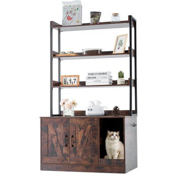 Cat Litter Box Enclosure, Hidden Litter Box Furniture with 3 Storage Shelves, Wooden Cat Washroom Indoor, Large Cat House Cabinet Hidden Fit Most Litter Box, 33.5"L x 19.3"W x 58.7"H, Dark Brown