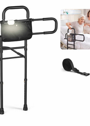 Bed Rails for Elderly Adults Bed Side Assist Rail with Floor Support, Motion Sensor LED Light, 300LBS Dual-Handle Support, Adjustable Handle Length, Storage Pocket, Fits King Queen Full Twin Bed