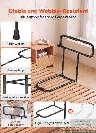 Bed Rails for Elderly Adults Folding Bed Side Rail with Floor Support, Length & Height Adjustable, High-Strength Steel Bedside Assist Cane, Fits King Queen Full Twin Bed, 300LBS Strong Capacity
