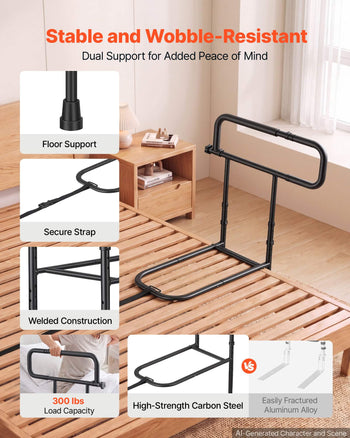 Bed Rails for Elderly Adults Folding Bed Side Rail with Floor Support, Length & Height Adjustable, High-Strength Steel Bedside Assist Cane, Fits King Queen Full Twin Bed, 300LBS Strong Capacity