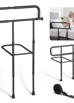 Bed Rails for Elderly Adults Folding Bed Side Rail with Floor Support, Length & Height Adjustable, High-Strength Steel Bedside Assist Cane, Fits King Queen Full Twin Bed, 300LBS Strong Capacity