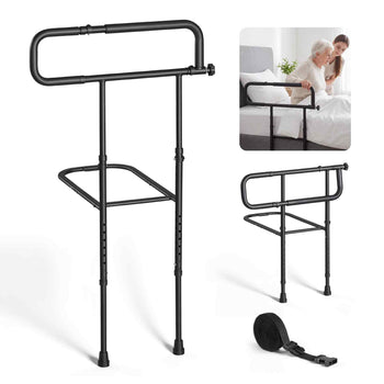 Bed Rails for Elderly Adults Folding Bed Side Rail with Floor Support, Length & Height Adjustable, High-Strength Steel Bedside Assist Cane, Fits King Queen Full Twin Bed, 300LBS Strong Capacity
