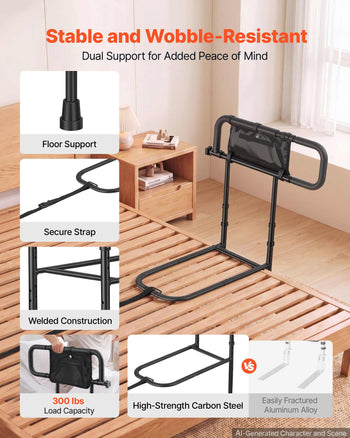 Bed Rails for Elderly Adults Folding Bed Side Rail with Floor Support, Length & Height Adjustable, 300LBS Strong Capacity, Bedside Assist Cane with Storage Pocket, Fits King Queen Full Twin Bed