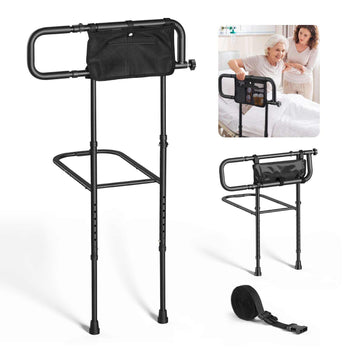 Bed Rails for Elderly Adults Folding Bed Side Rail with Floor Support, Length & Height Adjustable, 300LBS Strong Capacity, Bedside Assist Cane with Storage Pocket, Fits King Queen Full Twin Bed