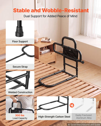 Bed Rail for Elderly Adult Folding Bed Assist Rail with Floor Support, Motion Sensor LED Light, 300LBS Dual-Handle Support, Adjustable Handle Length, Storage Pocket, Fit King Queen Full Twin Bed