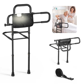 Bed Rail for Elderly Adult Folding Bed Assist Rail with Floor Support, Motion Sensor LED Light, 300LBS Dual-Handle Support, Adjustable Handle Length, Storage Pocket, Fit King Queen Full Twin Bed