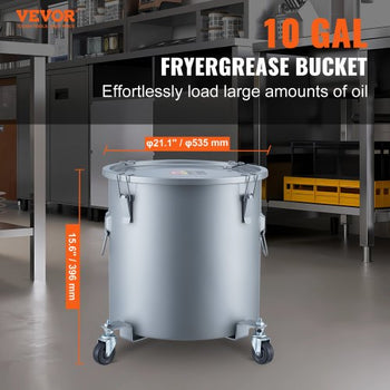 Fryer Grease Bucket, 10 Gal Oil Disposal Caddy with Caster Base, Carbon Steel Rust-Proof Coating, Oil Transport Container with Lid, Lock Clips, Filter Bag for Hot Cooking Oil Filtering, Gray