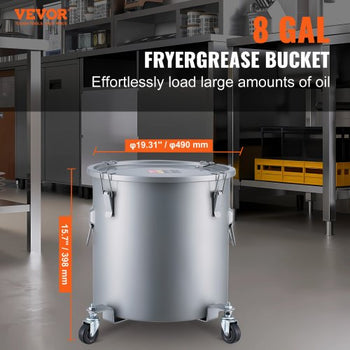 Fryer Grease Bucket, 8 Gal Oil Disposal Caddy with Caster Base, Carbon Steel with Rust-Proof Coating, Oil Transport Container with Lid, Lock Clips, Filter Bag for Hot Cooking Oil Filtering, Gray