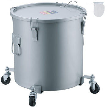 Fryer Grease Bucket, 8 Gal Oil Disposal Caddy with Caster Base, Carbon Steel with Rust-Proof Coating, Oil Transport Container with Lid, Lock Clips, Filter Bag for Hot Cooking Oil Filtering, Gray