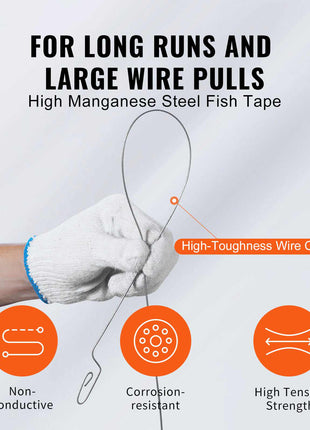 High manganese steel fish tape, gray, flexible, corrosion-resistant, designed for long runs & large wire pulls.