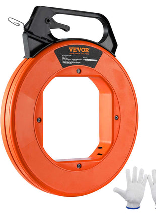 VEVOR 100ft orange fiberglass measuring tape with durable handle and white safety gloves for construction or home projects.