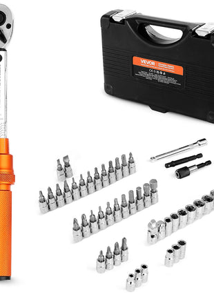 Click Torque Wrench Set, 1/4Inch Drive, 20-240 lbf-in / 2.3-27.1N.m, Dual-direction and Dual Range Scales, 72-Tooth, ±3% High Precision, with Bits, Sockets, Adapters, Extension Bar, Orange