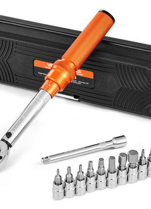 Click Torque Wrench Set, 1/4Inch Drive, 20-200lbf-in/2.3-22.6N.m, Dual-direction and Dual Range Scales, 72-Tooth, ±3% High Precision, with Bit Sockets, Extension Bar, for Bicycle Repair, Orange