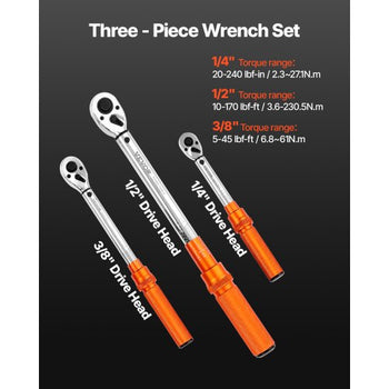 Click Torque Wrench Set, 3 Pieces, 1/4, 3/8, 1/2 Inch Drive, 10-170 lbf-ft, 5-45 lbf-ft, 20-240 lbf-in, Dual-direction and Dual Range Scales, 72-Tooth, ±3% High Precision, for Bicycle Repair
