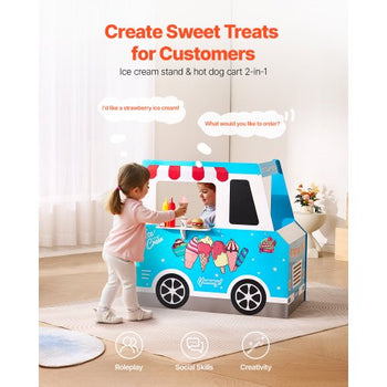 Ice Cream Cart for Kids, 20+ PCS Ice Cream Truck Wooden Playset, Pretend Play Stand with Steering Wheel & Chalkboard, Payment Scanner & Freezer, Faucet & Sink, Suitable for Kids 3-7 Years Old