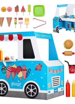 Ice Cream Cart for Kids, 20+ PCS Ice Cream Truck Wooden Playset, Pretend Play Stand with Steering Wheel & Chalkboard, Payment Scanner & Freezer, Faucet & Sink, Suitable for Kids 3-7 Years Old