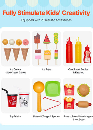 Ice Cream Cart for Kids, 20+ PCS Ice Cream Truck Wooden Playset, Pretend Play Stand with Steering Wheel & Chalkboard, Payment Scanner & Freezer, Faucet & Sink, Suitable for Kids 3-7 Years Old