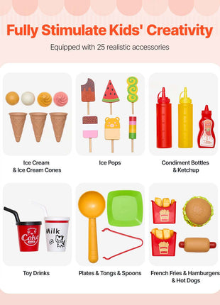 Ice Cream Cart for Kids, 20+ PCS Accessories, Pretend Play Ice Cream Shop Kitchen Food Toys with Ice Cream Cone & Popsicle, Awning & Freezer, Storage Drawers & Flipping Menus, For Kids Aged 3-7