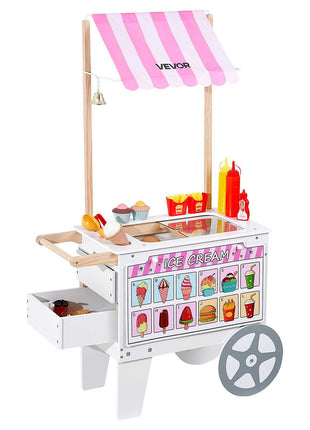 Ice Cream Cart for Kids, 20+ PCS Accessories, Pretend Play Ice Cream Shop Kitchen Food Toys with Ice Cream Cone & Popsicle, Awning & Freezer, Storage Drawers & Flipping Menus, For Kids Aged 3-7