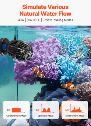 Aquarium Wave Maker, 40W, 3963 GPH Quiet and Strong DC Powerhead, Adjustable Fish Tank Circulation Pump with Controller, Strong Magnetic Base, 360° Rotating Wavemaker, for Freshwater Saltwater