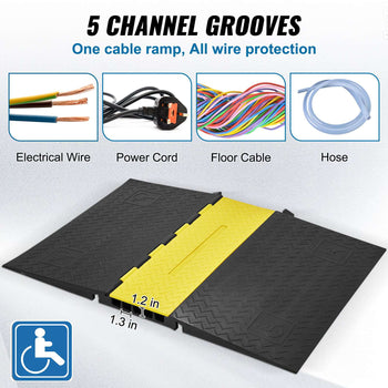 Black rubber cable ramp with yellow traction surface, featuring 5 channel grooves for wire protection.