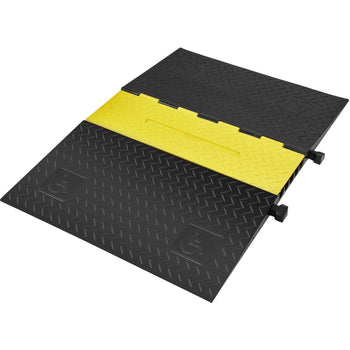 Black rubber floor mat with yellow center stripe, diamond pattern, and interlocking design for anti-slip functionality.