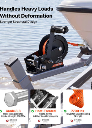 Boat Winch, 3500 lbs Hand Winch, Heavy Duty Manual Rope Crank with 20ft Orange Polyester Strap, Portable Two-Way Ratchet, 2 Speed Switchable, Anti-Slip Handle Gear for Boat Trailer ATV Towing