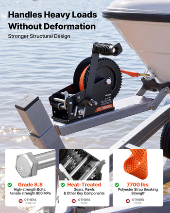 Boat Winch, 3500 lbs Hand Winch, Heavy Duty Manual Rope Crank with 20ft Orange Polyester Strap, Portable Two-Way Ratchet, 2 Speed Switchable, Anti-Slip Handle Gear for Boat Trailer ATV Towing