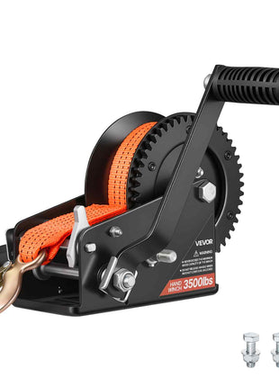 Boat Winch, 3500 lbs Hand Winch, Heavy Duty Manual Rope Crank with 20ft Orange Polyester Strap, Portable Two-Way Ratchet, 2 Speed Switchable, Anti-Slip Handle Gear for Boat Trailer ATV Towing