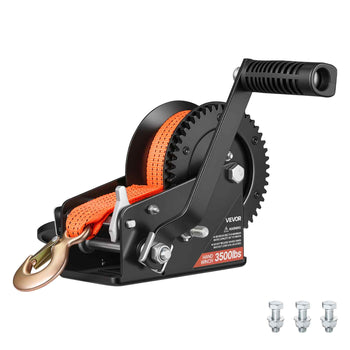 Boat Winch, 3500 lbs Hand Winch, Heavy Duty Manual Rope Crank with 20ft Orange Polyester Strap, Portable Two-Way Ratchet, 2 Speed Switchable, Anti-Slip Handle Gear for Boat Trailer ATV Towing