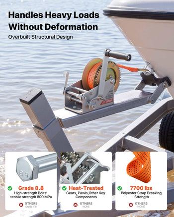 Boat Winch, 3500 lbs Hand Winch, Heavy Duty Manual Rope Crank with 20ft Orange Polyester Strap, Portable Two-Way Ratchet, 2 Speed Switchable, Anti-Slip Handle Gear for Boat Trailer ATV Towing
