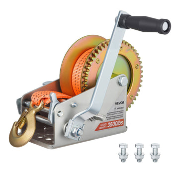 Boat Winch, 3500 lbs Hand Winch, Heavy Duty Manual Rope Crank with 20ft Orange Polyester Strap, Portable Two-Way Ratchet, 2 Speed Switchable, Anti-Slip Handle Gear for Boat Trailer ATV Towing