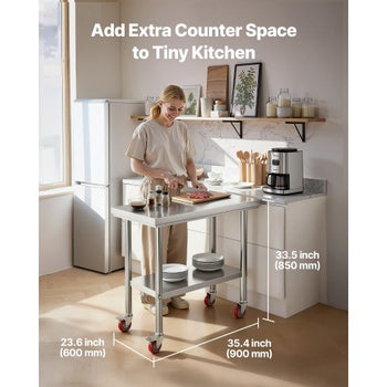 Stainless Steel Table, 24 x 35.4 Inches Food Prep Worktable with Wheels, Kitchen Prep Table with Adjustable Undershelf Workstations for Commercial Kitchen, Restaurant, Hotel and Garage, Outdoor