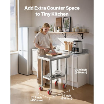 Stainless Steel Table, 24 x 18 Inches Food Prep Worktable with Wheels, Kitchen Prep Table with Adjustable Undershelf Workstations for Commercial Kitchen, Restaurant, Hotel and Garage, Outdoor