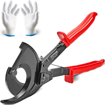 VEVOR pipe cutting tool with red ergonomic handles and black durable steel blade, includes protective white gloves.