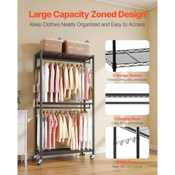 Rolling Clothes Rack, Heavy Duty Clothing Garment Rack, 3 Adjustable Tiers Clothing Racks with Carbon Steel, 450 lbs Load Capacity Closet Wardrobe for Bedroom, Clothing Store, Hallway