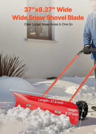 Snow Pusher Shovel with Wheels, 37.8 in Wheeled Snowplow Shovel with Bi-Directional Angled Blade & 90° Adjustable Handle, Durable Plastic Winter Shovels, Portable Snow Removal Tool for Driveway