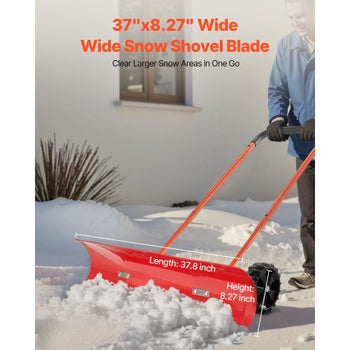 Snow Pusher Shovel with Wheels, 37.8 in Wheeled Snowplow Shovel with Bi-Directional Angled Blade & 90° Adjustable Handle, Durable Plastic Winter Shovels, Portable Snow Removal Tool for Driveway
