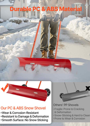 Snow Pusher Shovel with Wheels, 37.8 in Wheeled Snowplow Shovel with Bi-Directional Angled Blade & 90° Adjustable Handle, Durable Plastic Winter Shovels, Portable Snow Removal Tool for Driveway