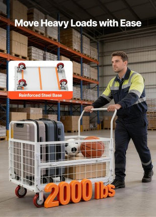 Platform Truck Cart with Cage, 2000 lbs Capacity, 6-in-1 Foldable Flatbed Cart with Swivel Wheels, Heavy Duty Hand Truck, Multi-Functional Push Dolly, for Grocery Laundry, 44.5 x 26.6 x 42.1 in