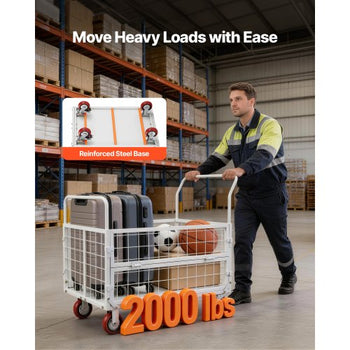 Platform Truck Cart with Cage, 2000 lbs Capacity, 6-in-1 Foldable Flatbed Cart with Swivel Wheels, Heavy Duty Hand Truck, Multi-Functional Push Dolly, for Grocery Laundry, 44.5 x 26.6 x 42.1 in