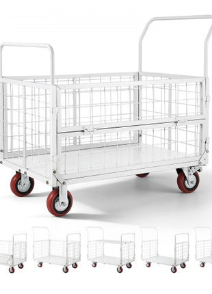 Platform Truck Cart with Cage, 2000 lbs Capacity, 6-in-1 Foldable Flatbed Cart with Swivel Wheels, Heavy Duty Hand Truck, Multi-Functional Push Dolly, for Grocery Laundry, 44.5 x 26.6 x 42.1 in