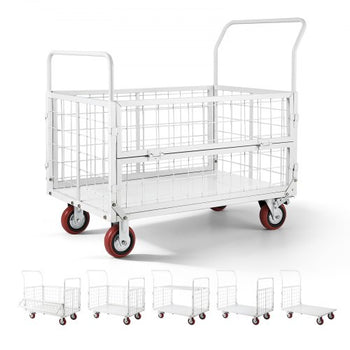 Platform Truck Cart with Cage, 2000 lbs Capacity, 6-in-1 Foldable Flatbed Cart with Swivel Wheels, Heavy Duty Hand Truck, Multi-Functional Push Dolly, for Grocery Laundry, 44.5 x 26.6 x 42.1 in