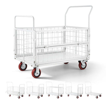 Platform Truck Cart with Cage, 2000 lbs Capacity, 6-in-1 Foldable Flatbed Cart with Swivel Wheels, Heavy Duty Hand Truck, Multi-Functional Push Dolly, for Grocery Laundry, 44.5 x 26.6 x 42.1 in