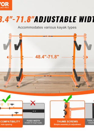 Freestanding Kayak Storage Rack, Kayak Stand for 2 Kayak Canoe Paddleboard, Heavy-duty Steel Kayak Hanger Holder with Padded Arms and Adjustable Width, 175LBS Max Load, for Indoor Outdoor Garage